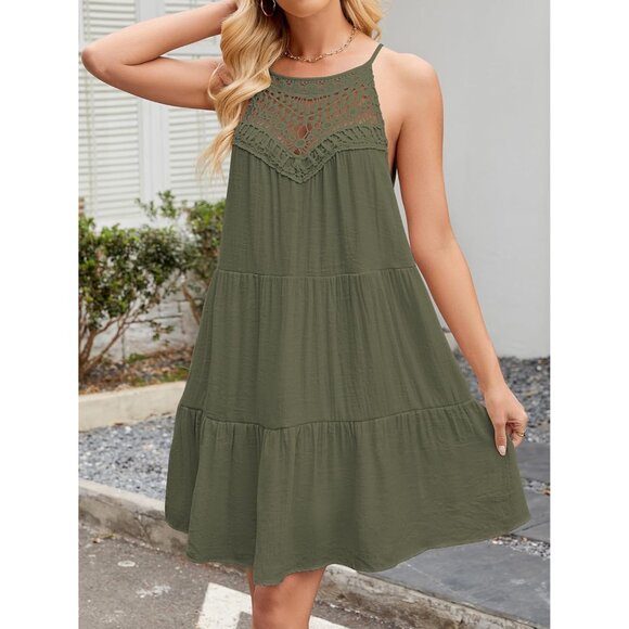 Womens Summer Casual Short Dress Hollow Out Halter Pockets A Line - Picture 4 of 5